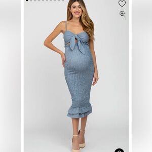 Blue Gingham Print Smocked Fitted Self-Tie Maternity Midi Dress - SMALL